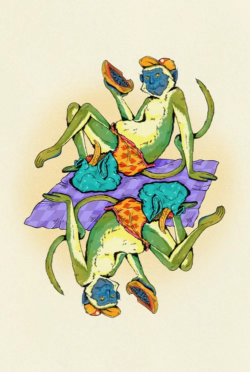 Illustration of two green monkeys in orange shorts relaxing on a purple mat