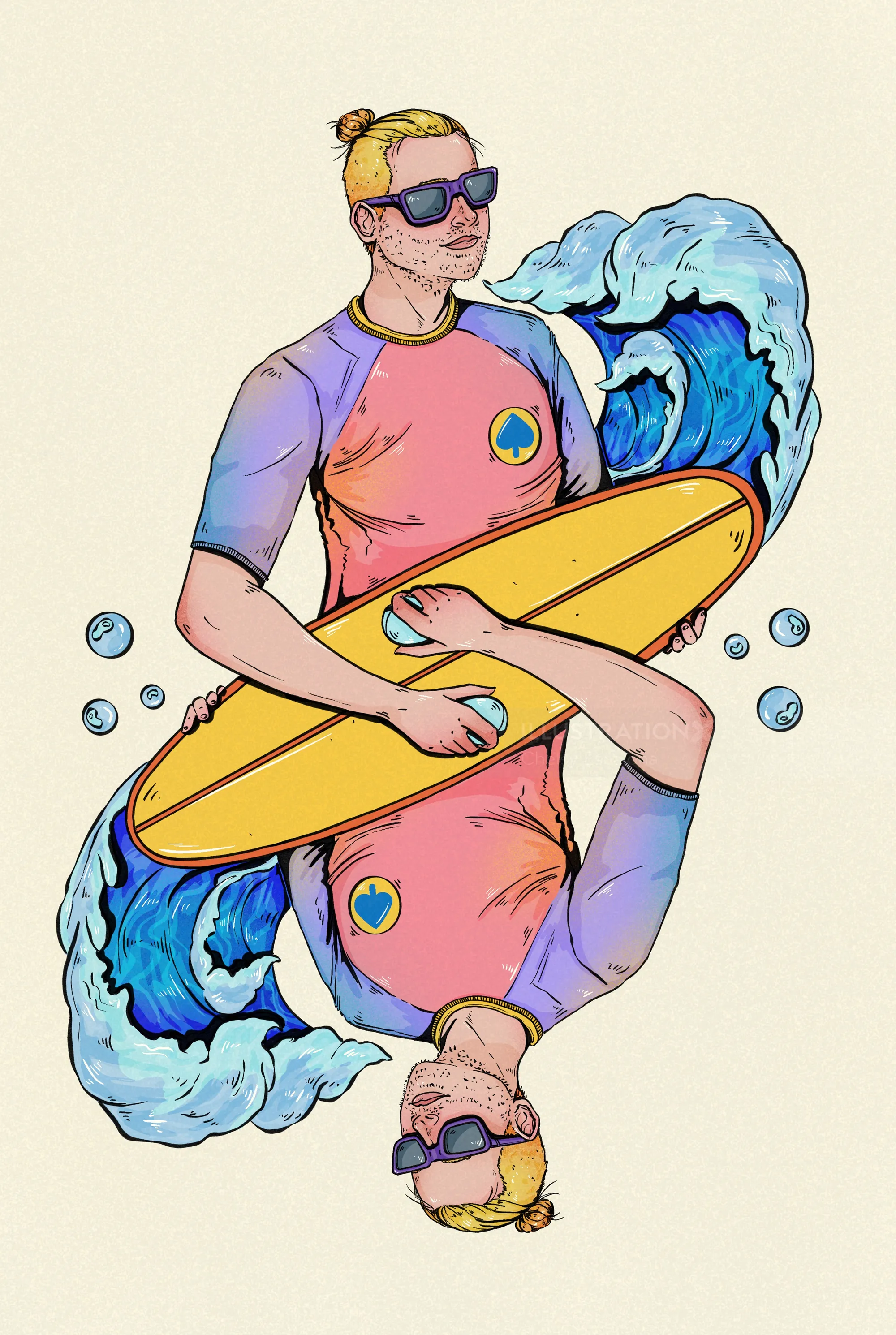 Surfer holding a yellow surfboard with stylized ocean waves