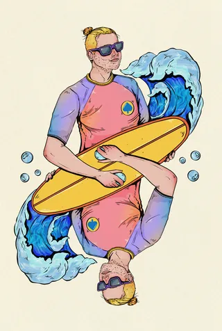 Surfer holding a yellow surfboard with stylized ocean waves