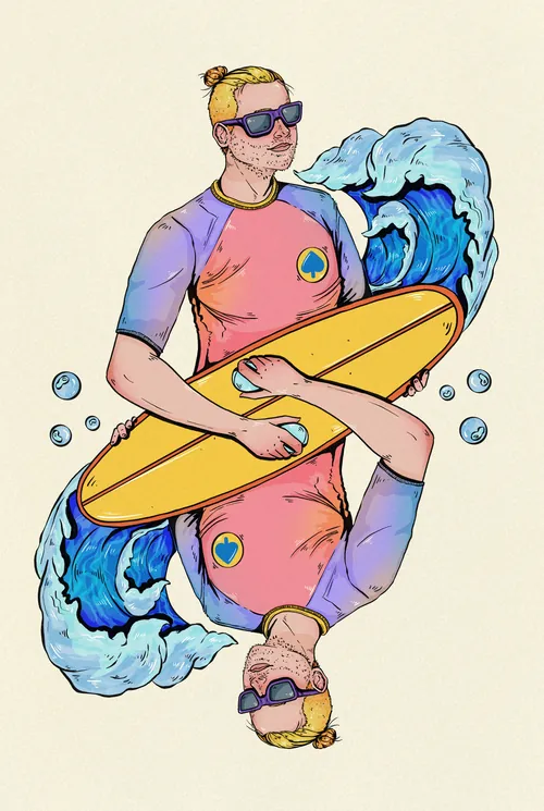 Surfer holding a yellow surfboard with stylized ocean waves