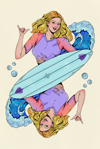 Caricature surfing queen deck card design