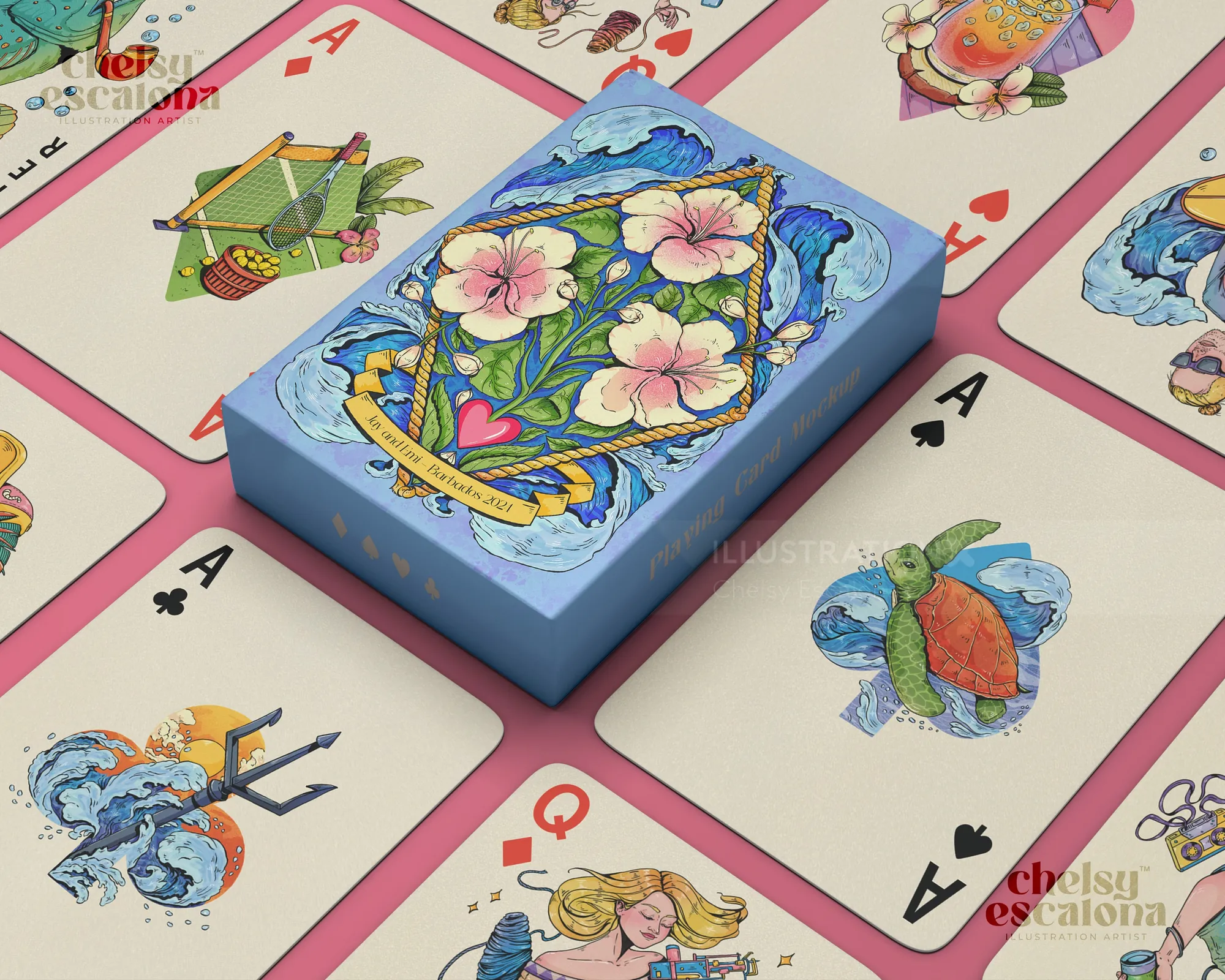 Floral themed card deck and illustrated aces by Chelsy Escalona