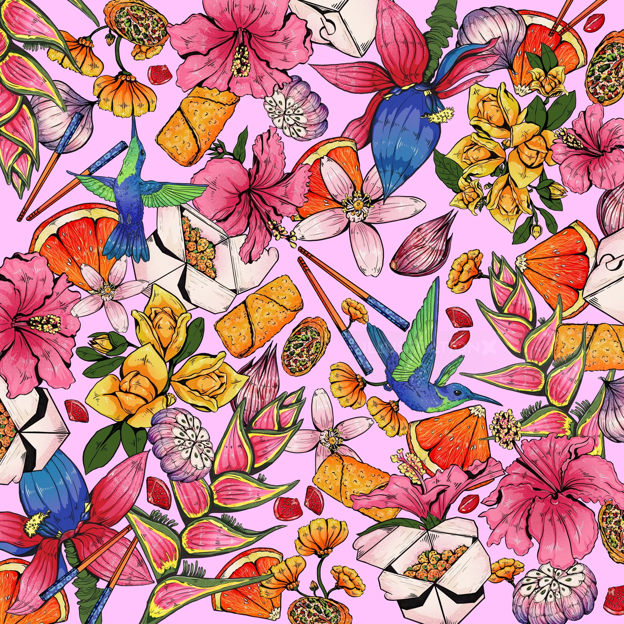 Colorful floral and food pattern with birds and butterflies on pink