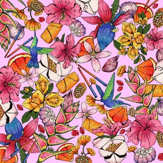 Colorful floral and food pattern with birds and butterflies on pink