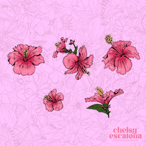 Pink hibiscus flowers on a light pink botanical background