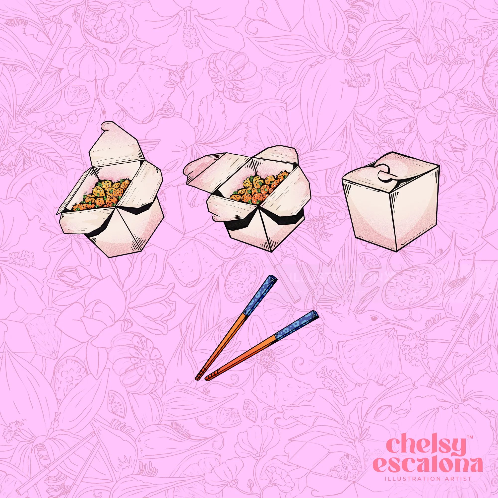 Three takeout boxes with food and pair of chopsticks on pink background