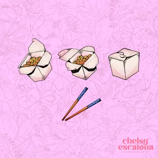 Three takeout boxes with food and pair of chopsticks on pink background