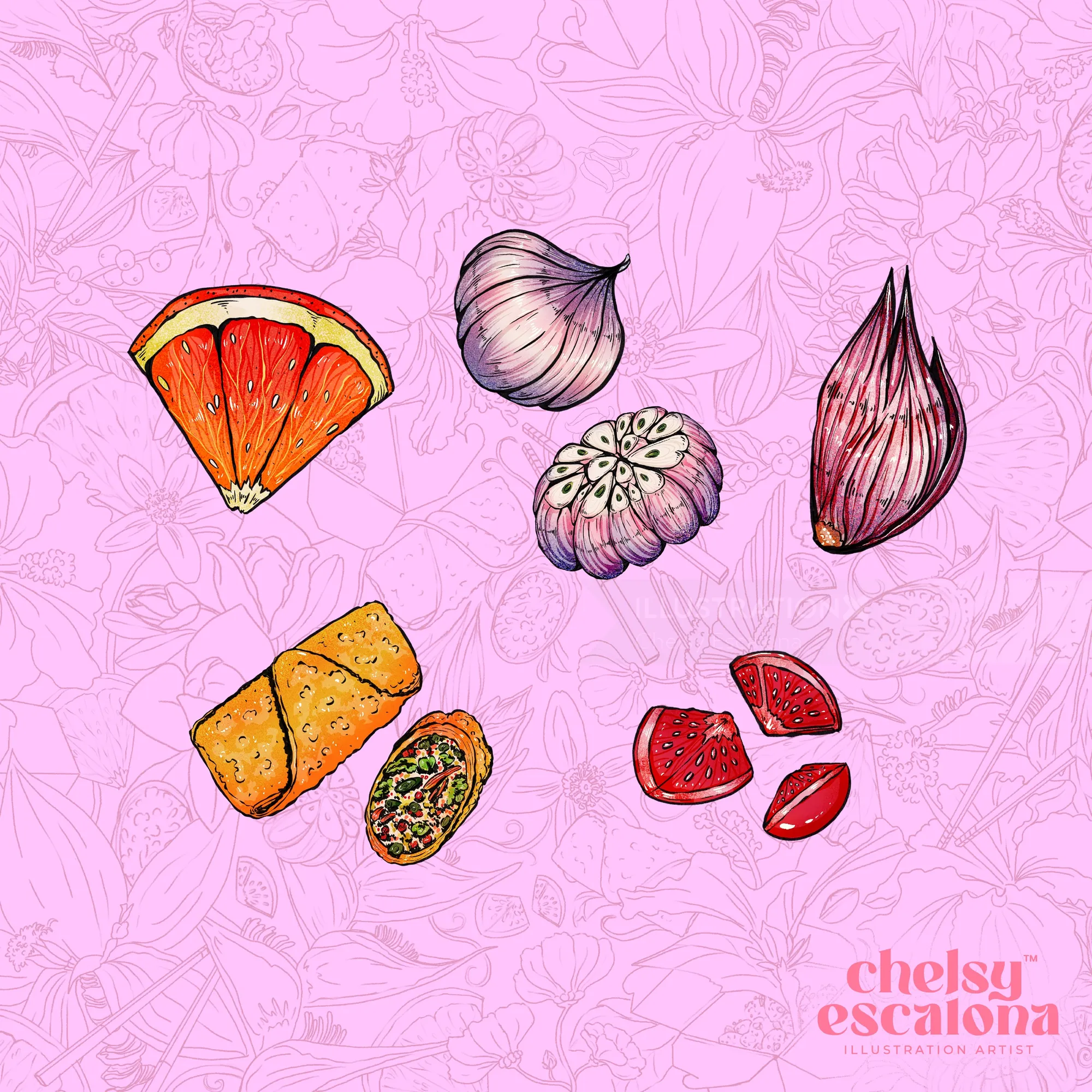 Illustration of sliced citrus, garlic, onion, and rolled food on pink background