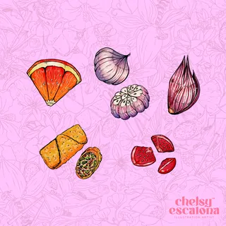 Illustration of sliced citrus, garlic, onion, and rolled food on pink background