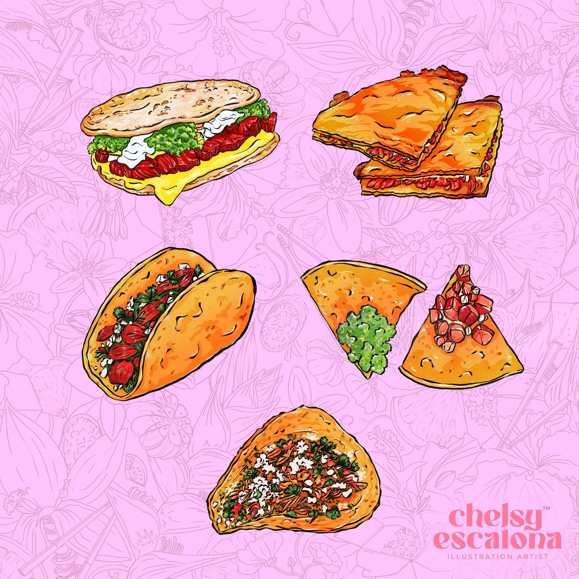 Illustrations of various sandwiches and pizza slices on pink background