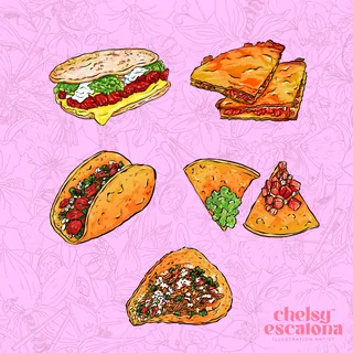 Illustrations of various sandwiches and pizza slices on pink background
