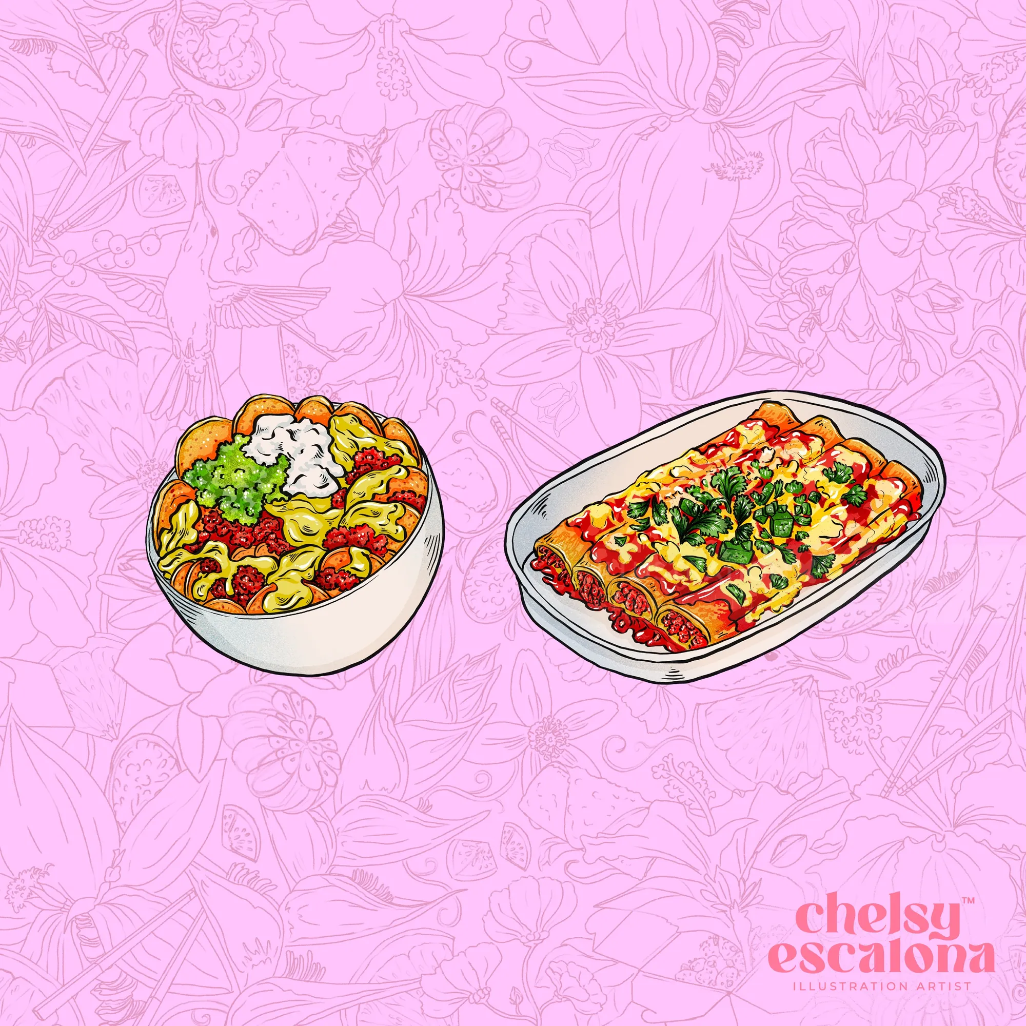 Illustration of pasta bowl and lasagna on pink floral background
