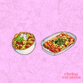 Illustration of pasta bowl and lasagna on pink floral background