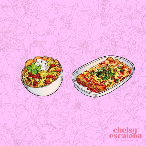 Illustration of pasta bowl and lasagna on pink floral background