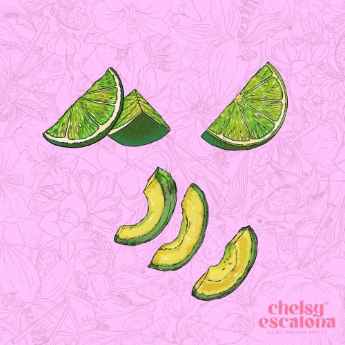 Illustration of lime and avocado slices on pink botanical background