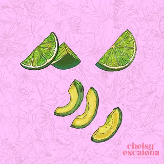 Illustration of lime and avocado slices on pink botanical background