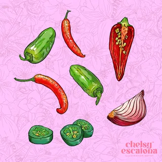 Illustration of assorted peppers and a sliced onion on pink background
