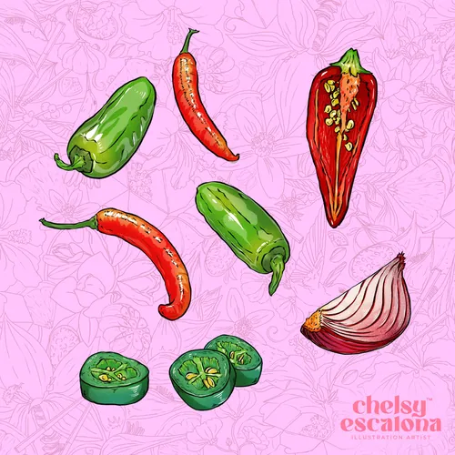 Illustration of assorted peppers and a sliced onion on pink background