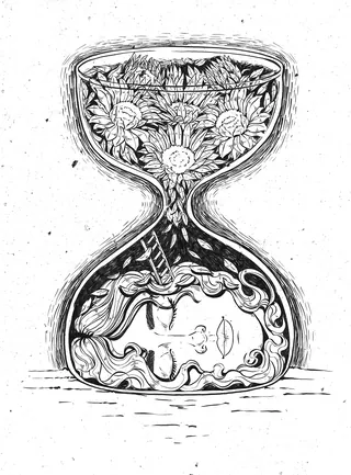 Black and white drawing of an hourglass with sunflowers and a face inside
