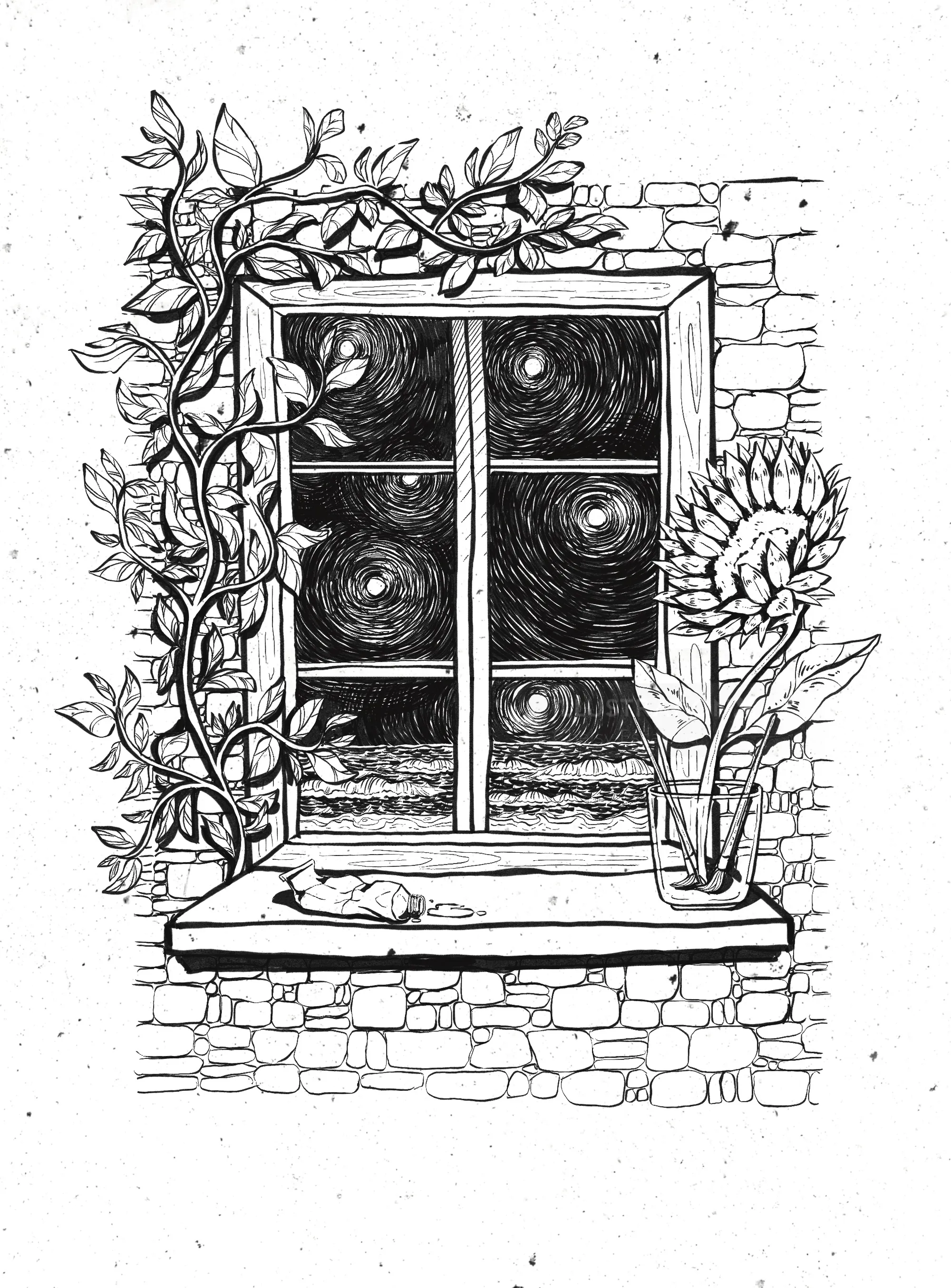 Black and white illustration of a window with sunflowers and swirling night sky