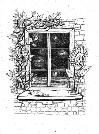 Black and white illustration of a window with sunflowers and swirling night sky