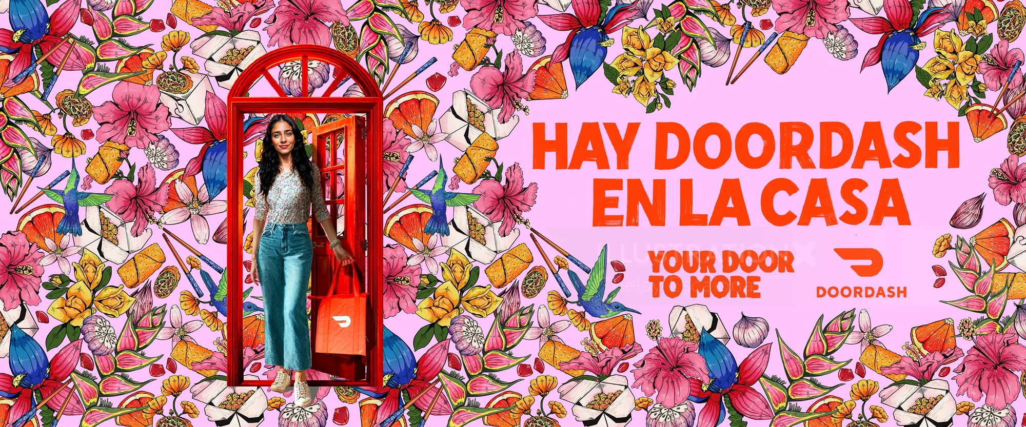 Woman in red phone booth with floral background and DoorDash ad