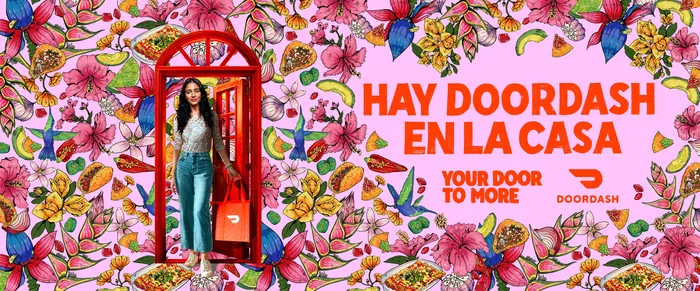 Woman in red phone booth with floral background and Doordash text