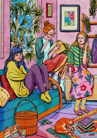 Three women sitting in colorful room with plants and cat