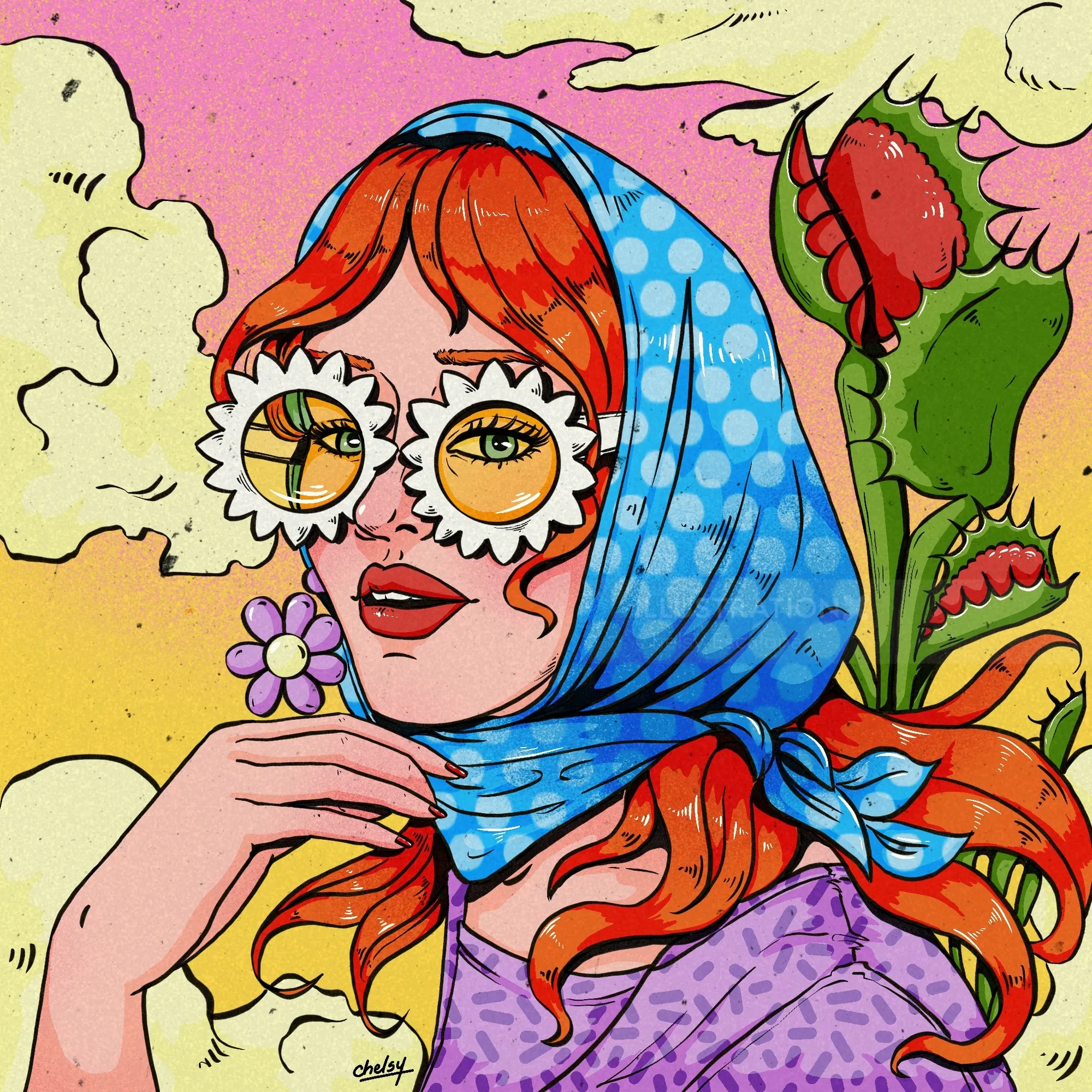 Illustration of woman with red hair wearing blue scarf and flower glasses