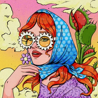 Illustration of woman with red hair wearing blue scarf and flower glasses