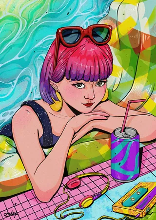 Illustration of a woman with pink hair lounging by water with sunglasses and drink