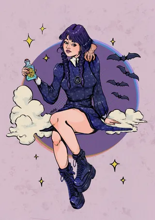 Wednesday Addams sitting on a cloud with potion and bats