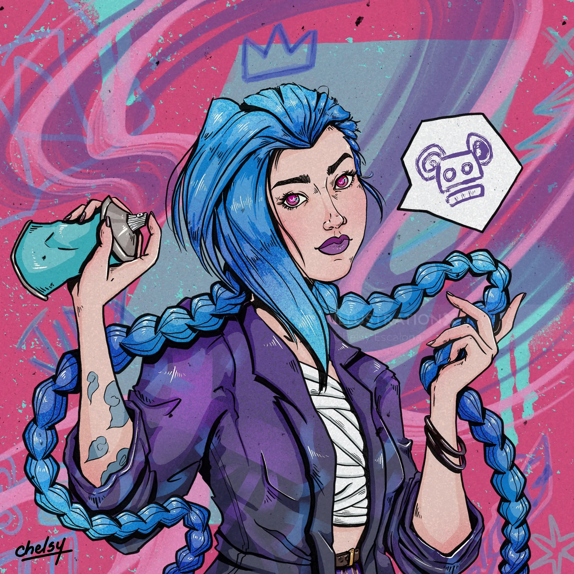 Illustration of Jinx with blue braided hair and purple jacket