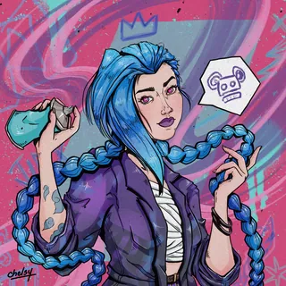 Illustration of Jinx with blue braided hair and purple jacket