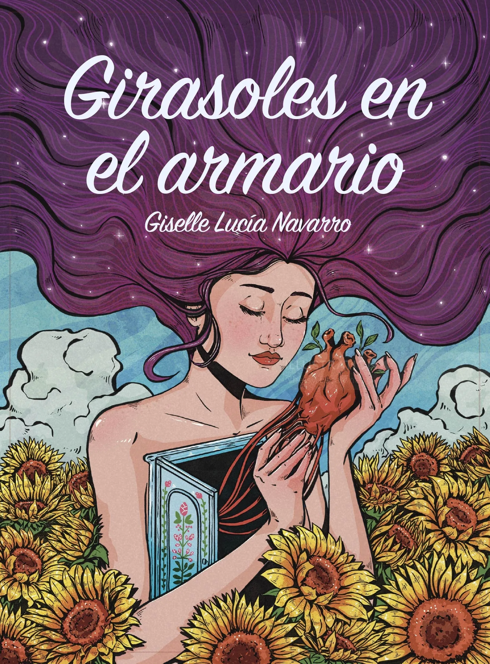 Woman holding a heart emerging from a book surrounded by sunflowers
