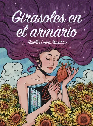Woman holding a heart emerging from a book surrounded by sunflowers