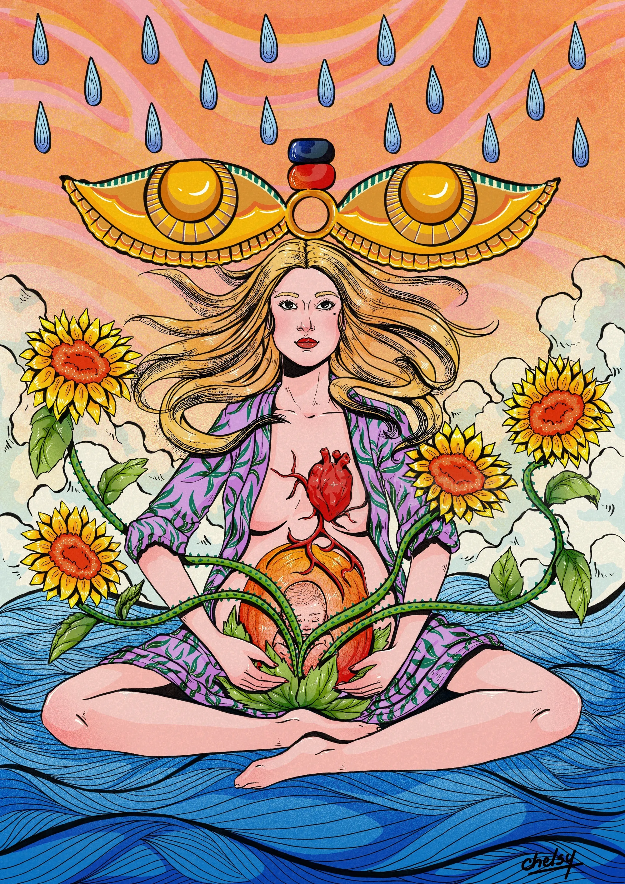 Woman meditating surrounded by sunflowers with heart and spiritual motifs