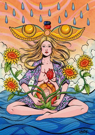 Woman meditating surrounded by sunflowers with heart and spiritual motifs