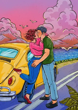 Couple kissing by yellow car with pink sky and mountains