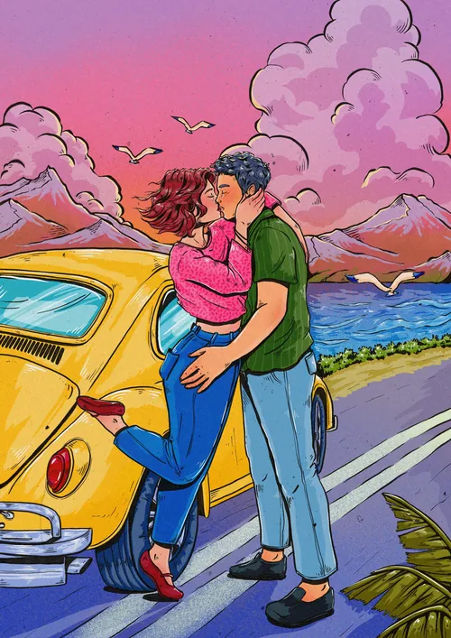 Couple kissing by yellow car with pink sky and mountains