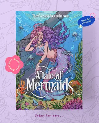 Illustration of a purple-haired mermaid underwater with sea creatures