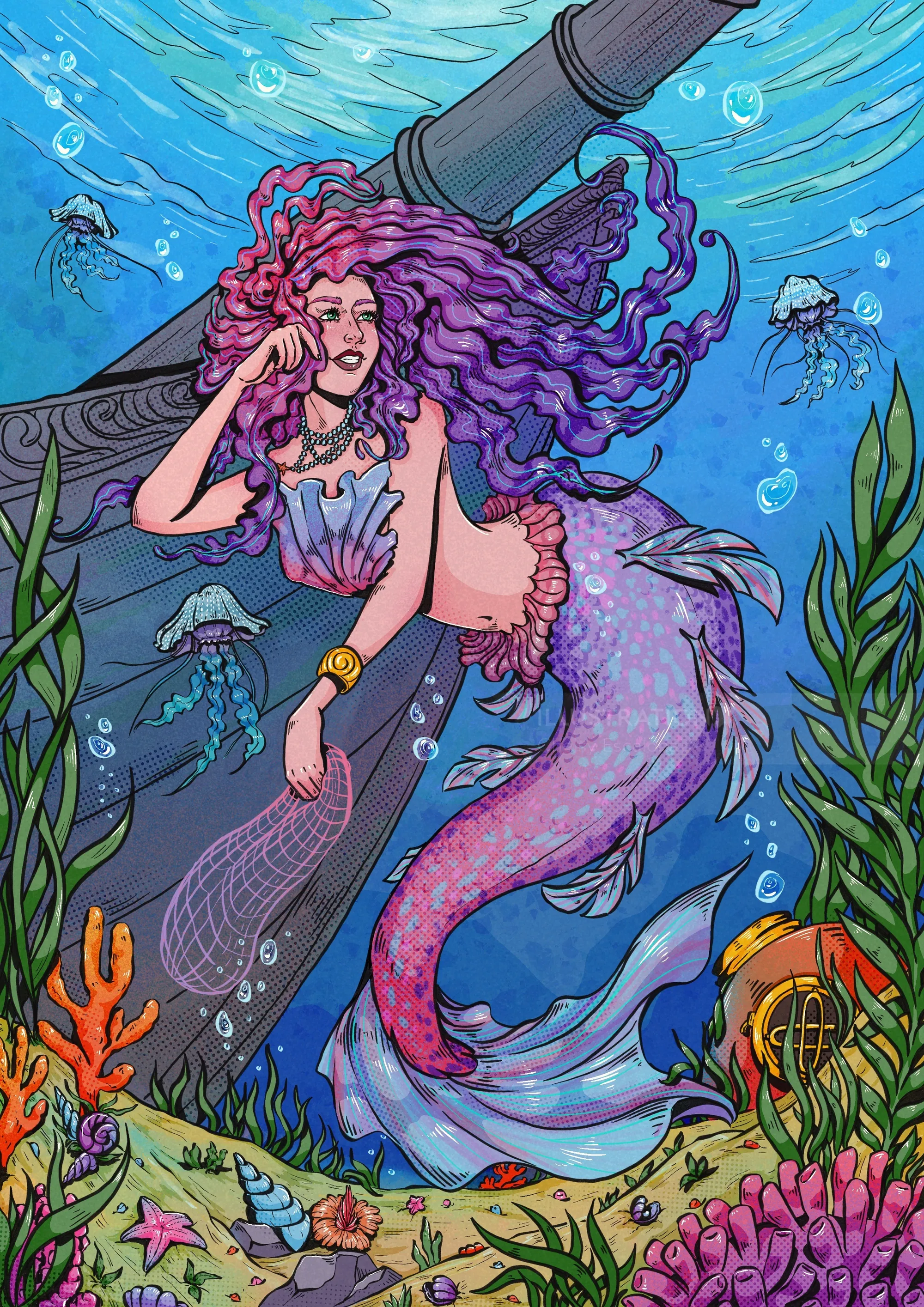 Colorful mermaid with purple hair swimming underwater near shipwreck