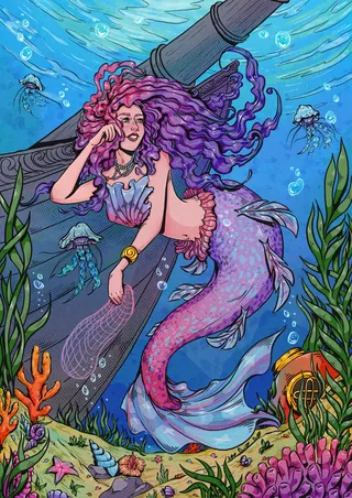 Colorful mermaid with purple hair swimming underwater near shipwreck