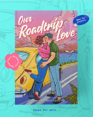 Illustration of couple kissing by a yellow car on a road trip