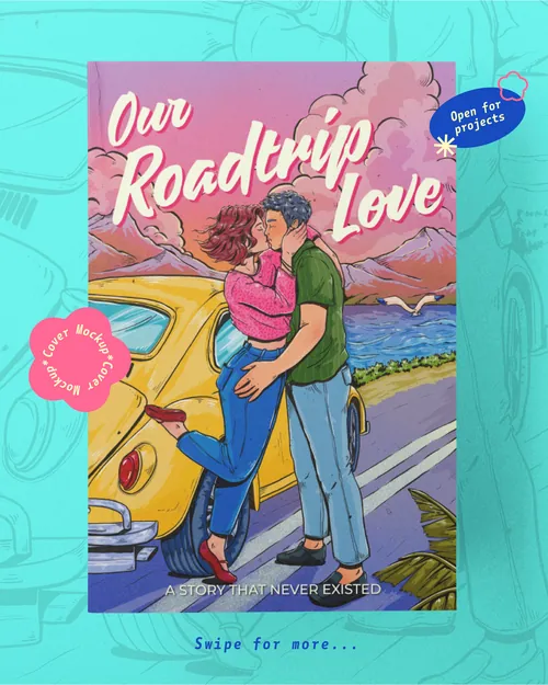 Illustration of couple kissing by a yellow car on a road trip