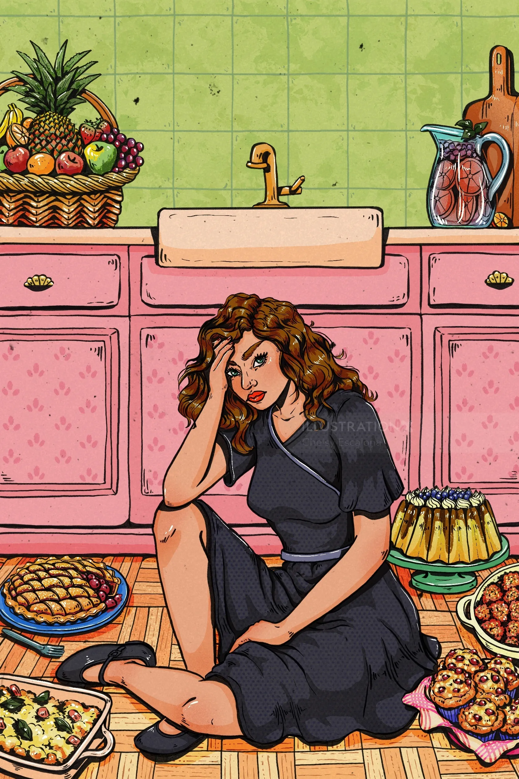 Woman sitting on kitchen floor surrounded by desserts and fruits