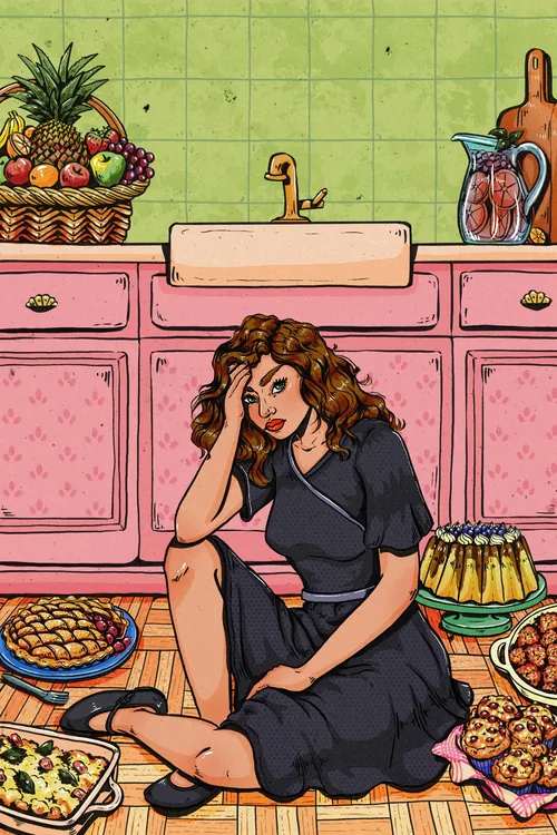 Woman sitting on kitchen floor surrounded by desserts and fruits