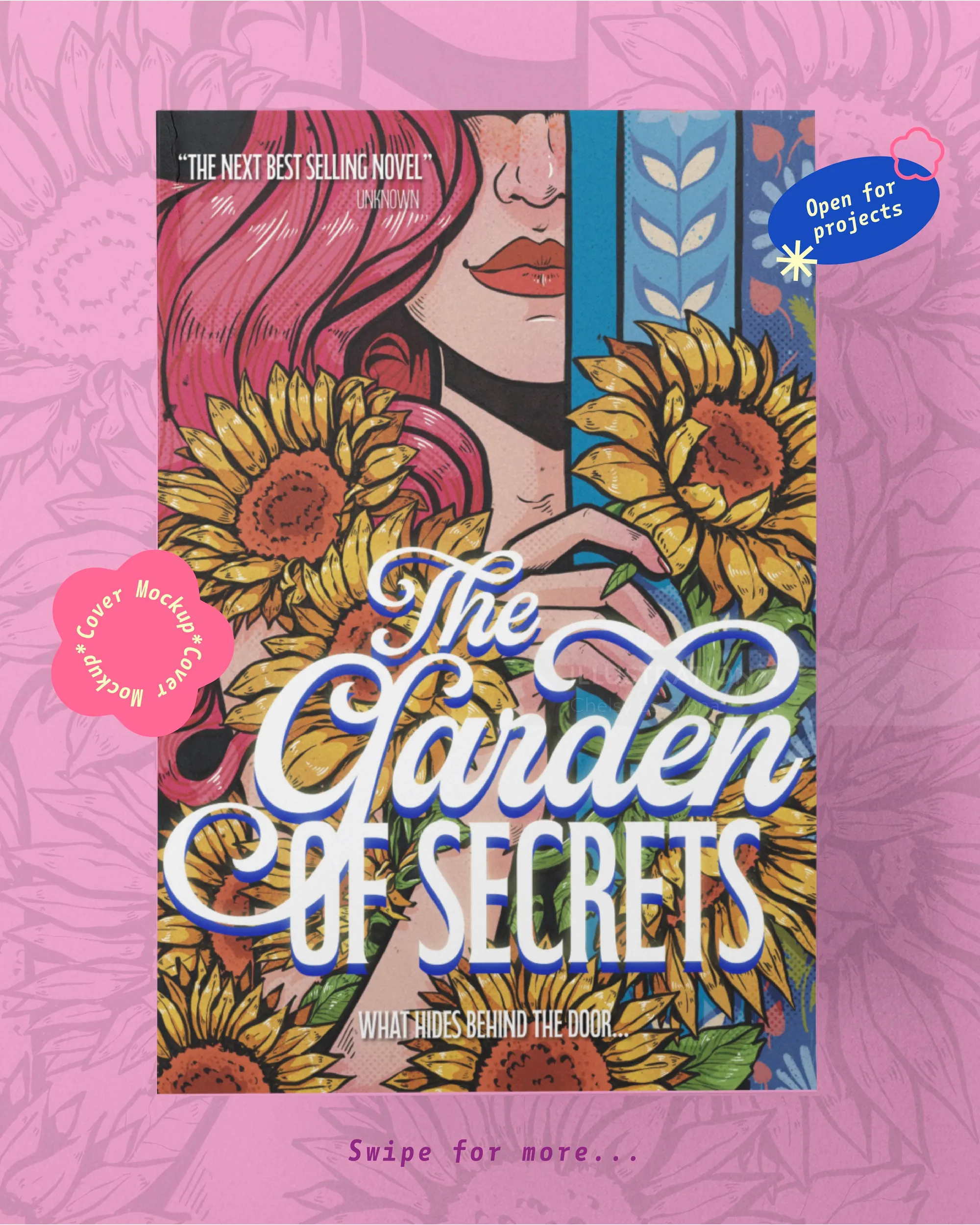 Whimsical book cover with sunflowers and a hidden woman