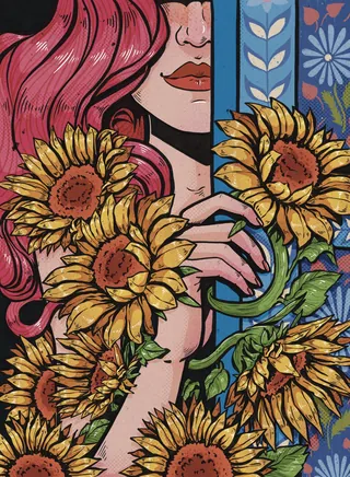 Whimsical illustration of woman with pink hair holding sunflowers