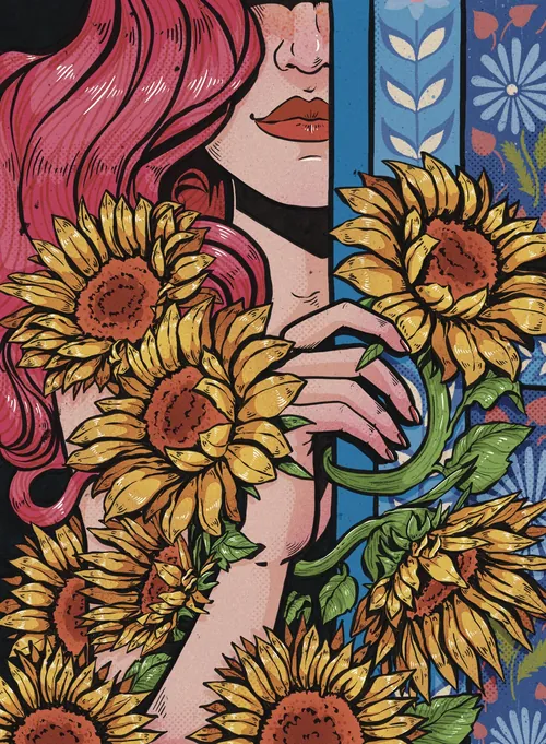 Whimsical illustration of woman with pink hair holding sunflowers
